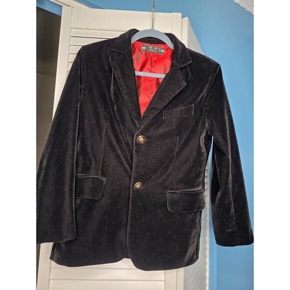 Black Velvet Blazer Jacket With Red Lining & Gold Button Details By Yuan Lu - Picture 2 of 16